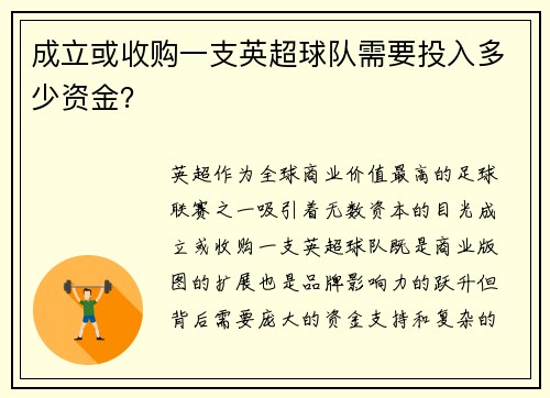 成立或收购一支英超球队需要投入多少资金？