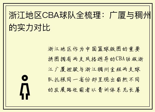 浙江地区CBA球队全梳理：广厦与稠州的实力对比